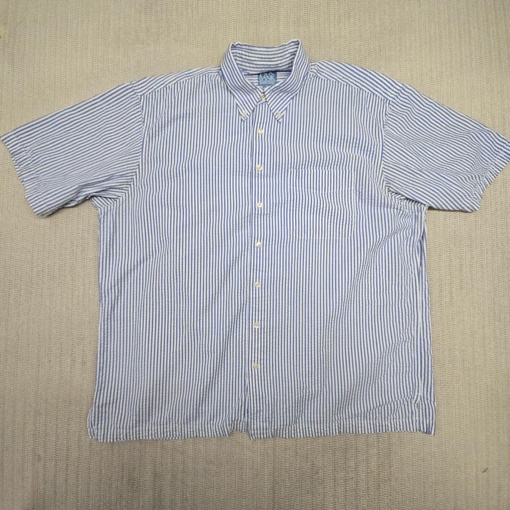 Jos A Bank Shirt Mens XL Blue White Stripe Short Sleeve Seersucker Stays Cool